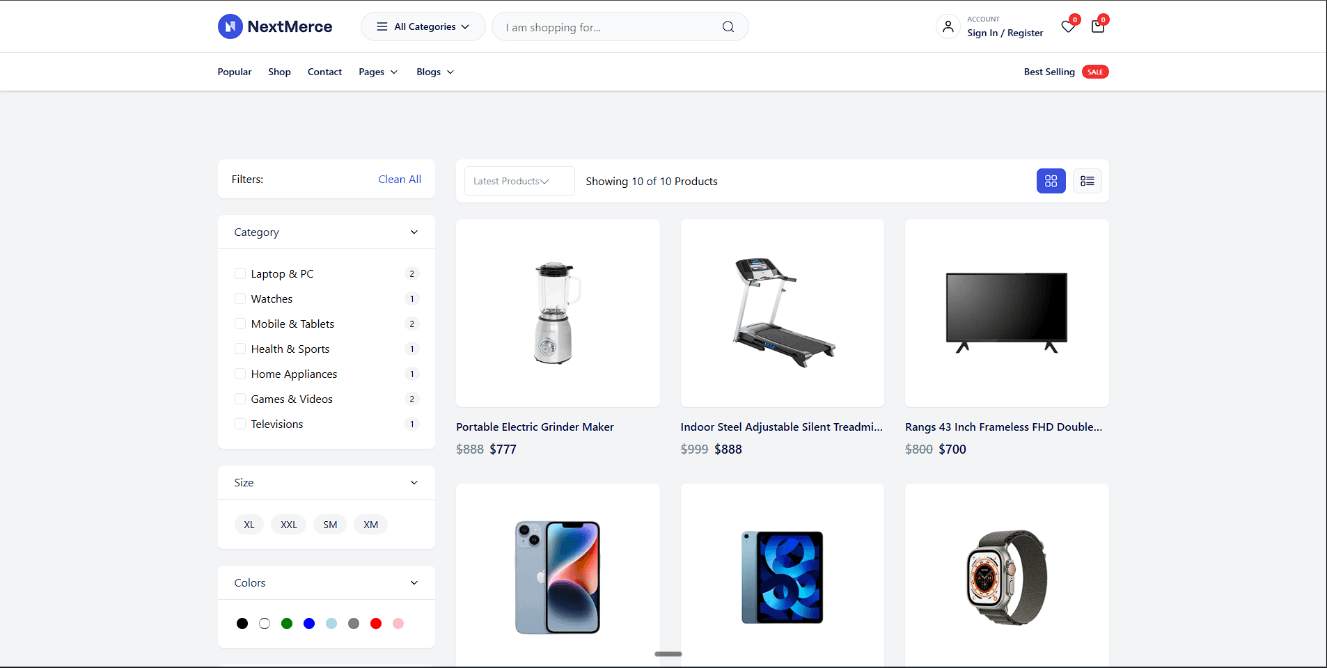 NextMerce shop page