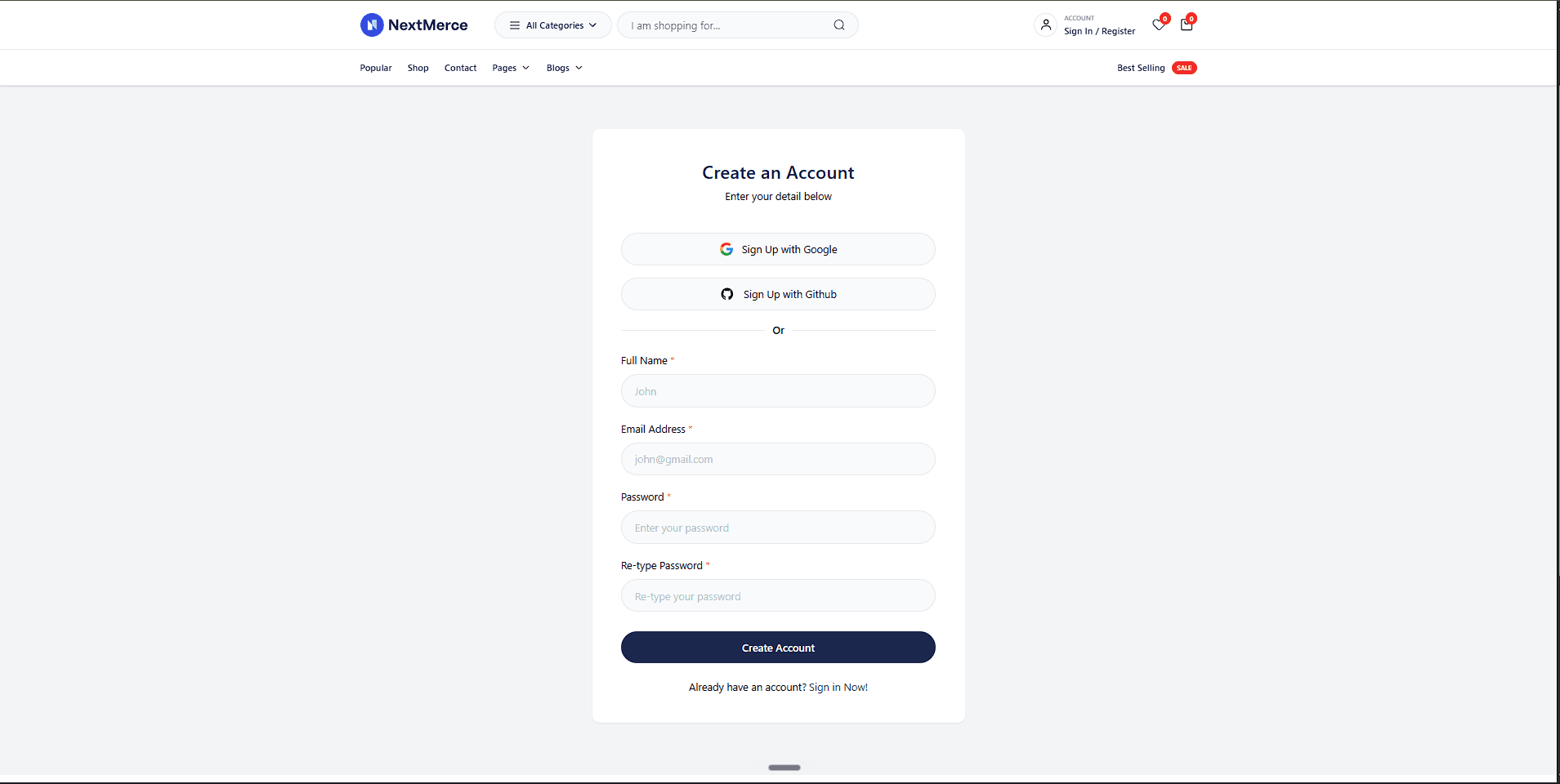 NextMerce account flow